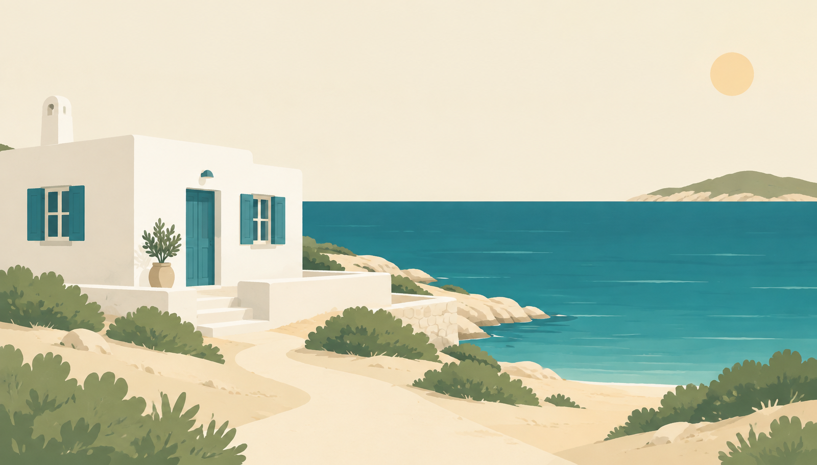 Illustration of a small whitewashed guesthouse with teal shutters on a quiet island coastline