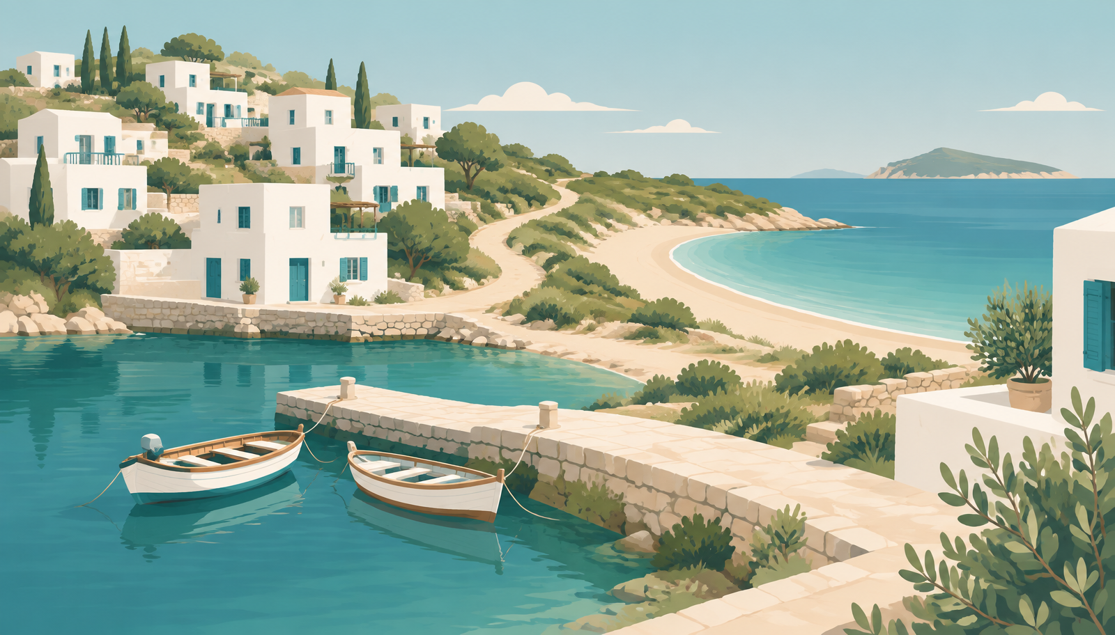 Illustration of a small island harbor with two wooden boats, whitewashed houses on a hill, and a sandy footpath