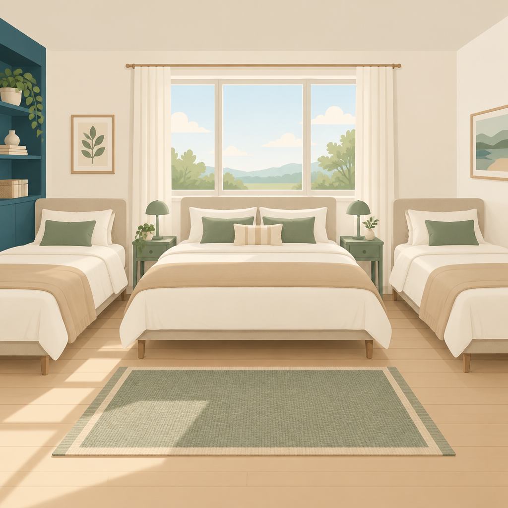 Illustration of a bright family room with one double bed and two single beds