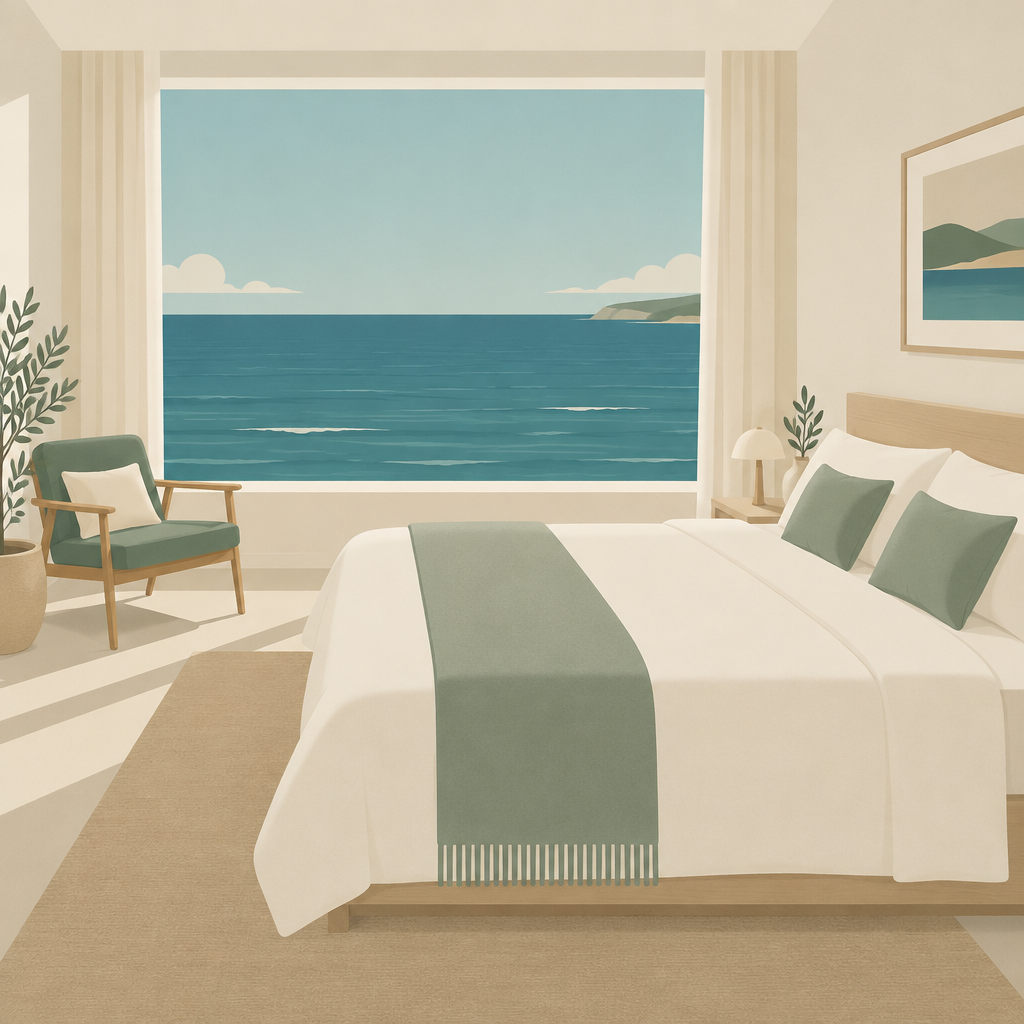 Illustration of a double bedroom with a large window framing a calm sea view